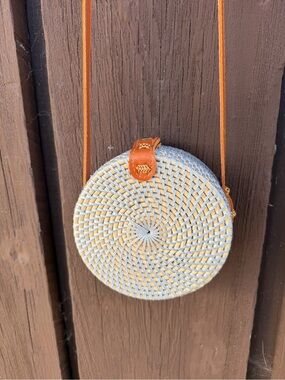 Round Woven Crossbody Bag Leather Trim - Light Blue *From Bali*